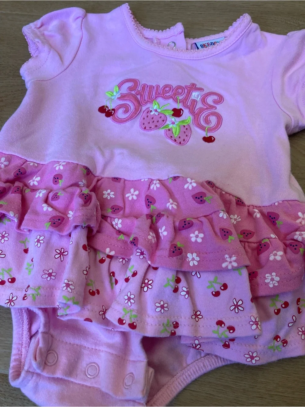 okie dokie Vintage Pink Strawberry & Cherry ‘Sweetie’ Ruffle Onesie